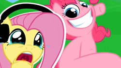 Size: 1280x720 | Tagged: safe, artist:misterdavey, artist:vannamelon, fluttershy, pinkie pie, earth pony, pegasus, pony, smile hd, g4, crying, fluttercry, headphones, reaction, reaction image, scared, youtube thumbnail