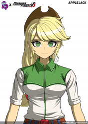 Size: 1228x1736 | Tagged: safe, alternate version, artist:pyropk, applejack, equestria girls, g4, anime style, arms, belt, breasts, bust, busty applejack, button-up shirt, clothes, cowboy hat, crossover, danganronpa, happy, hat, long hair, ponytail, shirt, short sleeves, smiling, solo, standing, teenager