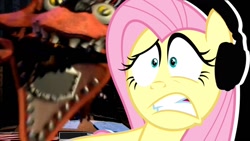 Size: 1280x720 | Tagged: safe, artist:vannamelon, fluttershy, pony, g4, cringing, five nights at freddy's, five nights at freddy's 2, headphones, reaction, reaction image, youtube thumbnail
