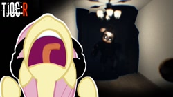 Size: 1280x720 | Tagged: safe, artist:vannamelon, fluttershy, pegasus, pony, g4, crossover, five nights at freddy's, game, headphones, ignited freddy, nose in the air, open mouth, reaction, reaction image, screaming, the joy of recreation: reborn, youtube, youtube link
