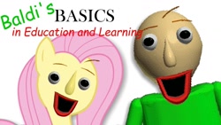Size: 1280x720 | Tagged: safe, artist:vannamelon, fluttershy, human, pony, g4, baldi, baldi's basics in education and learning, creepy, cursed image, duo, simple background, text, uncanny valley, video game, white background, wtf, youtube thumbnail