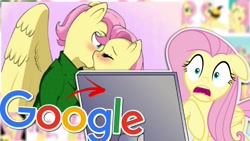 Size: 1280x720 | Tagged: safe, artist:nolycs, artist:vannamelon, edit, fluttershy, pegasus, pony, anthro, g4, animal costume, bee costume, blushing, butterscotch, clothes, computer, costume, female, flutterbee, google, kissing, laptop computer, logo, male, reaction, reaction image, rule 63, self ponidox, selfcest, ship:flutterscotch, shipping, shocked, sleeveless turtleneck, straight, sweater, sweatershy, youtube thumbnail