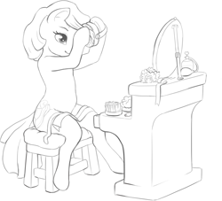 Size: 1195x1087 | Tagged: safe, artist:mrstrats, earth pony, semi-anthro, arm hooves, brush, hairbrush, mirror, monochrome, perfume, solo