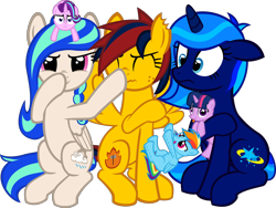 Size: 2656x2000 | Tagged: safe, artist:stellardust, derpibooru exclusive, rainbow dash, starlight glimmer, twilight sparkle, oc, oc:cloud burst, oc:firestorm metallic, oc:stellar dust, pegasus, pony, unicorn, 2021 community collab, derpibooru community collaboration, g4, :i, boop, eyes closed, female, floppy ears, freckles, high res, i mean i see, looking at you, mare, plushie, self-boop, simple background, sitting, surprised, tongue out, transparent background