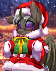 Size: 2550x3209 | Tagged: safe, artist:pridark, part of a set, oc, oc only, bat pony, changeling, hybrid, :p, adorable face, bat pony oc, bat wings, batling, blushing, changeling oc, christmas, christmas changeling, commission, cute, glasses, hat, high res, holding, holiday, older, present, santa hat, solo, teenager, tongue out, wings, ych result