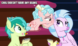 Size: 843x500 | Tagged: safe, edit, edited screencap, screencap, cozy glow, sandbar, silverstream, earth pony, hippogriff, pegasus, pony, g4, chili, chili con carne, chili pepper, female, filly, hot pepper, male, teenager, whispering