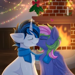 Size: 2000x2000 | Tagged: safe, artist:kianara, oc, oc only, oc:lishka, oc:solar gizmo, pegasus, pony, unicorn, blushing, candle, christmas, clothes, eyes closed, female, fire, fireplace, high res, holiday, holly, holly mistaken for mistletoe, kissing, love, male, mare, oc x oc, scarf, shared clothing, shared scarf, shipping, stallion, straight, string lights
