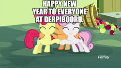 Size: 800x450 | Tagged: safe, edit, edited screencap, editor:lord you know who, screencap, apple bloom, scootaloo, sweetie belle, pony, g4, apple, bucket, caption, cutie mark crusaders, discovery family logo, food, happy new year, heartwarming, holiday, hug, image macro, positive ponies, text