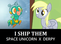 Size: 792x574 | Tagged: safe, artist:parrygripp, derpy hooves, pegasus, pony, unicorn, g4, crossover, crossover shipping, i ship it, meme, shipping, space unicorn