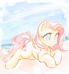 Size: 2364x2529 | Tagged: safe, artist:mirroredsea, fluttershy, pegasus, pony, g4, beach, blushing, bright, cute, daaaaaaaaaaaw, female, folded wings, high res, looking away, lying down, mare, no pupils, prone, shyabetes, smiling, solo, water, wings