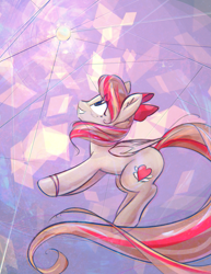 Size: 2235x2900 | Tagged: safe, artist:mirroredsea, angel wings, pegasus, pony, g4, top bolt, abstract background, bow, bracelet, cute, eye clipping through hair, female, hair bow, high res, jewelry, looking up, mare, side view, smiling, solo