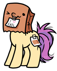Size: 800x1000 | Tagged: safe, artist:paperbagpony, oc, oc:paper bag, earth pony, pony, 2021 community collab, derpibooru community collaboration, blushing, cute, fake cutie mark, female, ocbetes, one eye closed, paper bag, pure unfiltered evil, simple background, tape, transparent background, wink