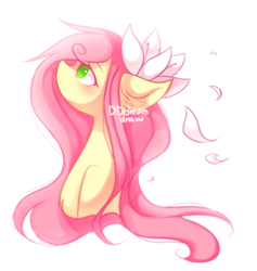 Size: 696x733 | Tagged: dead source, safe, artist:dddreamdraw, fluttershy, pegasus, pony, g4, blushing, bust, ear fluff, female, floppy ears, flower, flower in hair, flower petals, looking up, mare, no pupils, profile, side view, simple background, solo, white background