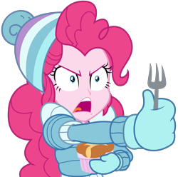 Size: 3281x3250 | Tagged: safe, artist:sketchmcreations, pinkie pie, equestria girls, equestria girls series, holidays unwrapped, saving pinkie's pie, spoiler:eqg series (season 2), angry, clothes, coat, female, food, fork, frown, hat, open mouth, outstretched arm, ramekin, simple background, solo, souffle, toque, transparent background, vector, winter outfit, yelling