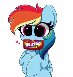 Size: 3862x4096 | Tagged: safe, artist:kittyrosie, rainbow dash, pegasus, pony, blushing, candy, cute, dashabetes, digital art, female, food, heart, mare, mouth hold, redraw, simple background, skittles, smiling, solo, white background