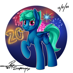 Size: 2000x2000 | Tagged: safe, artist:supermoix, oc, oc only, oc:supermoix, pegasus, pony, birthday, fireworks, grin, happy, high res, noisemaker, pink eyes, simple background, smiling, solo