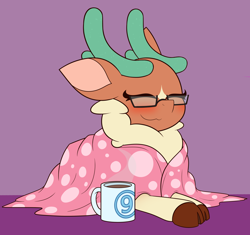 Size: 4000x3756 | Tagged: safe, artist:mrneo, cashmere (tfh), deer, reindeer, them's fightin' herds, blanket, chocolate, cloven hooves, community related, eyes closed, food, glasses, hot chocolate, mug, solo, touhou