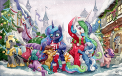 Size: 3280x2057 | Tagged: safe, artist:the-wizard-of-art, princess celestia, princess luna, oc, alicorn, earth pony, pegasus, pony, unicorn, g4, blushing, canterlot, canterlot castle, christmas, christmas tree, curved horn, female, filly, foal, hat, high res, holiday, horn, male, mare, orphanage, orphans, royal guard, santa hat, santa sack, snow, snowfall, stallion, traditional art, tree, watercolor painting