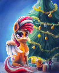 Size: 1300x1595 | Tagged: safe, artist:stdeadra, oc, oc only, pegasus, pony, bauble, big eyes, christmas, christmas decoration, christmas ornament, christmas tree, decoration, full body, holiday, lidded eyes, merry christmas, present, solo, tail, toy, tree, two toned wings, wings