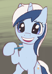 Size: 1027x1477 | Tagged: safe, artist:catachromatic, derpibooru exclusive, minuette, pony, unicorn, g4, female, hoof hold, jerma985 in description, mare, smiling, solo, toothbrush, toothpaste