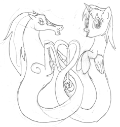 Size: 1220x1288 | Tagged: safe, artist:parclytaxel, oc, oc only, oc:parcly taxel, oc:spindle, alicorn, genie, genie pony, pony, windigo, ain't never had friends like us, albumin flask, series:nightliner, alicorn oc, bottle, female, heart, horn, lineart, looking at you, mare, monochrome, pencil drawing, smiling, traditional art, windigo oc, wings