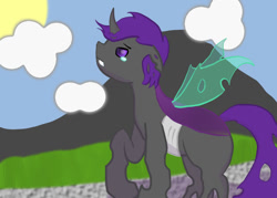 Size: 1008x720 | Tagged: safe, artist:biobasher, oc, oc only, changeling, pony, cloud, crying, digital art, fangs, female, holes, hooves, horn, purple changeling, sky, solo, spread wings, tail, wings