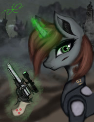 Size: 1280x1657 | Tagged: safe, artist:crescent-feather, oc, oc only, oc:littlepip, pony, unicorn, fallout equestria, armor, clothes, fanfic, fanfic art, female, glowing horn, gun, handgun, horn, jumpsuit, levitation, little macintosh, magic, mare, optical sight, revolver, ruins, scope, solo, telekinesis, vault suit, wasteland, weapon