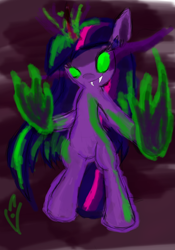 Size: 1024x1463 | Tagged: safe, artist:marky1212, artist:mrdragondeathclaw, twilight sparkle, pony, unicorn, semi-anthro, g4, colored horn, colored sclera, corrupted, corrupted twilight sparkle, curved horn, dark magic, dark twilight sparkle, glowing eyes, glowing horn, green sclera, horn, magic, possessed, possession, simple background, solo, sombra eyes, sombra horn, speedpaint, unicorn twilight, white background