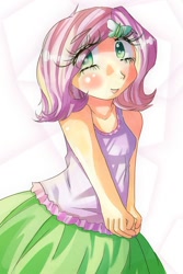 Size: 532x797 | Tagged: safe, artist:araiiara123, fluttershy, equestria girls, g4, clothes, female, lips, looking at you, makeup, short hair, skirt, smiling, smiling at you, solo, tank top