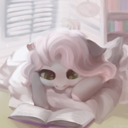 Size: 1280x1280 | Tagged: safe, artist:laymy, oc, oc only, pony, book, bookshelf, cute, floppy ears, lying down, pillow, reading, solo