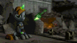 Size: 1280x720 | Tagged: safe, artist:sparklingmare, oc, oc only, oc:blackjack, oc:littlepip, pony, unicorn, fallout equestria, fallout equestria: project horizons, 3d, animated, clothes, fallout, fanfic, fanfic art, female, gif, glowing horn, gun, handgun, hooves, horn, jumpsuit, levitation, little macintosh, magic, mare, optical sight, pipbuck, revolver, ruins, scope, sitting, solo, source filmmaker, telekinesis, vault suit, wasteland, weapon