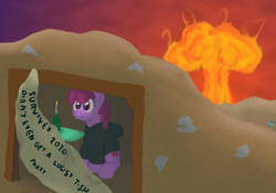 Size: 1200x840 | Tagged: safe, artist:quint-t-w, berry punch, berryshine, earth pony, pony, g4, 2021, banner, bottle, candle, clothes, hoodie, mushroom cloud, solo, this is fine, wasteland