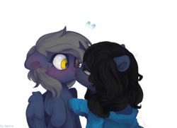 Size: 854x619 | Tagged: safe, artist:laymy, oc, oc only, pegasus, pony, blushing, clothes, duo, eye contact, hoodie, hoof on chest, kissing, looking at each other, simple background, surprised, white background