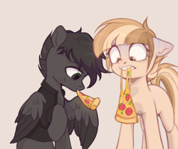 Size: 1280x1075 | Tagged: safe, artist:laymy, oc, oc only, oc:max moore, earth pony, pegasus, pony, beige background, clothes, duo, eating, floppy ears, food, pizza, shirt, simple background, two toned wings, wings