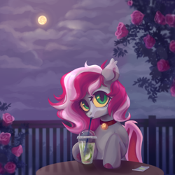 Size: 1280x1280 | Tagged: safe, artist:laymy, oc, oc only, bat pony, pony, bat pony oc, bat wings, bell, bell collar, collar, drinking, drinking straw, flower, moon, night, rose, sky, solo, table, wings