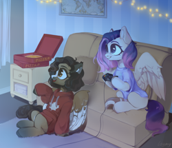 Size: 1280x1100 | Tagged: safe, artist:laymy, oc, oc only, pegasus, pony, clothes, controller, couch, duo, food, hoodie, hoof hold, pizza, pizza box, shirt, string lights, t-shirt