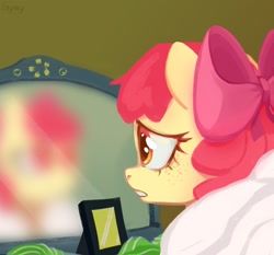 Size: 1280x1193 | Tagged: safe, artist:laymy, apple bloom, earth pony, pony, g4, one bad apple, bow, freckles, mirror, scene interpretation, solo