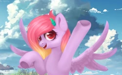 Size: 1280x788 | Tagged: safe, artist:laymy, oc, oc only, pegasus, pony, cloud, hoof in air, sky, smiling, solo, underhoof