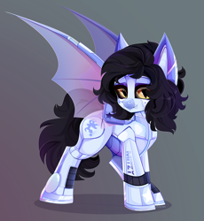 Size: 4600x5000 | Tagged: safe, artist:xsatanielx, oc, oc:mitzy, bat pony, pony, robot, robot pony, bat pony oc, bat wings, commission, female, gray background, simple background, wings