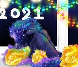 Size: 3500x3000 | Tagged: safe, artist:livitoza, princess luna, alicorn, pony, g4, 2021, female, fireworks, happy new year, high res, holiday, solo