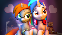Size: 3265x1837 | Tagged: safe, artist:drdicksamazingstick, oc, oc only, oc:homage, oc:littlepip, pony, unicorn, fallout equestria, 3d, bed, chocolate, dreamy expression, earbuds, fallout, fanfic, fanfic art, female, food, glasses, grin, headphones, heads together, heart, high res, holding hooves, hooves, horn, lesbian, listening, listening to music, mare, music, not dj pon3, not vinyl scratch, pillow, pipbuck, sharing headphones, ship:pipmage, shipping, smiling, source filmmaker, teddy bear, unicorn oc