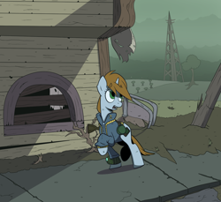 Size: 1200x1100 | Tagged: safe, artist:animatedcheese17, oc, oc only, oc:littlepip, pony, unicorn, fallout equestria, clothes, fanfic, fanfic art, female, flask, hooves, horn, jumpsuit, mare, open mouth, pipbuck, ponyville, ruins, solo, tree, vault suit, wasteland, weapon