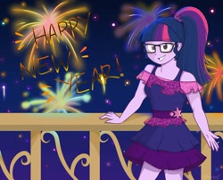 Size: 1792x1447 | Tagged: safe, artist:nutsfify, sci-twi, twilight sparkle, human, equestria girls, g4, 2020, balcony, clothes, dress, female, fireworks, glasses, grin, happy new year, holiday, new year, ponytail, smiling, solo