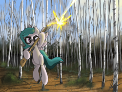 Size: 4000x3000 | Tagged: safe, artist:flaremoon, oc, oc only, oc:hazy breeze, pegasus, pony, birch tree, female, flying, forest, forest background, glasses, gun, high res, hunting, hunting rifle, mare, muzzle flash, rifle, shooting, solo, tree, weapon, woodlands