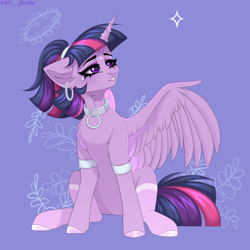 Size: 2000x2000 | Tagged: safe, artist:villjulie, twilight sparkle, alicorn, pony, g4, alternate hairstyle, armband, chest fluff, collar, ear fluff, ear piercing, earring, female, high res, hooped earrings, horn, horn jewelry, jewelry, mare, neck fluff, piercing, ponytail, signature, sitting, solo, spread wings, twilight sparkle (alicorn), wings