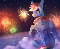 Size: 2988x2439 | Tagged: safe, artist:dumddeer, rainbow dash, pegasus, pony, clothes, cloud, female, fireworks, looking back, mare, mouth hold, raised hoof, scarf, sitting, smiling, snow, solo, sparkler (firework), underhoof