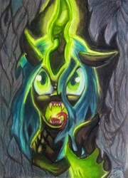 Size: 2877x3993 | Tagged: safe, artist:shadowingartist, queen chrysalis, changeling, changeling queen, g4, angry, evil, female, glowing, glowing horn, high res, horn, magic, paper, tongue out