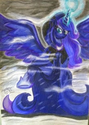 Size: 2720x3824 | Tagged: safe, artist:shadowingartist, princess luna, alicorn, pony, g4, clothes, fog, high res, hoof shoes, jacket, magic, magic aura, solo, spread wings, wings