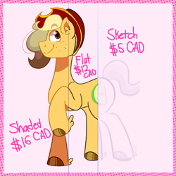 Size: 2000x2000 | Tagged: safe, artist:von babbitt, oc, oc only, oc:snickerdoodle crisp, earth pony, pony, advertisement, commission info, high res, solo