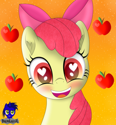 Size: 3840x4154 | Tagged: safe, artist:damlanil, apple bloom, earth pony, pony, g4, adorabloom, apple, apple bloom's bow, blushing, bow, cute, female, filly, food, hair bow, happy, heart, heart eyes, looking at you, mare, open mouth, simple background, smiling, vector, weapons-grade cute, wingding eyes